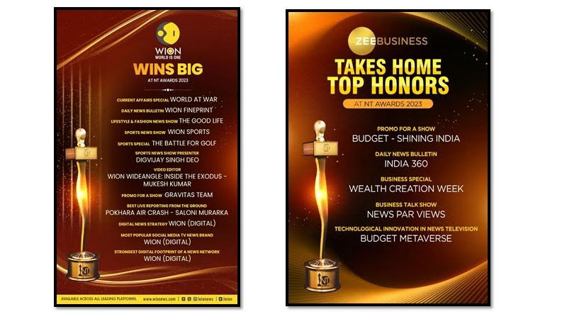 Zee Business and WION triumph at NT Awards 2023, sets a new standard for excellence