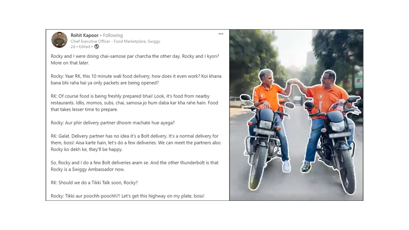 Swiggy CEO Rohit Kapoor & ambassador Rocky Singh test Bolt delivery