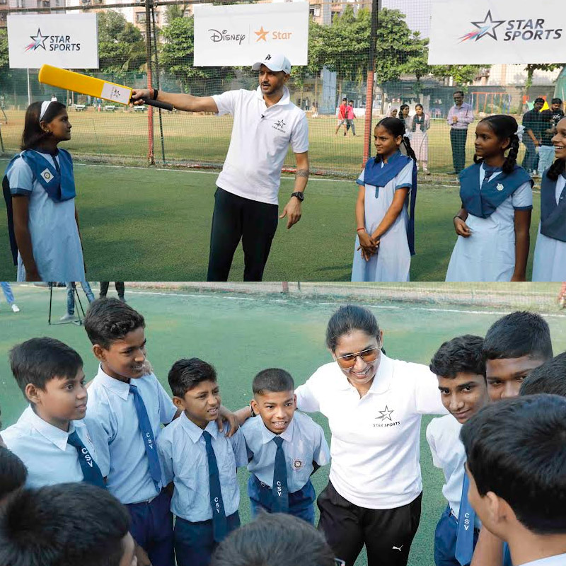 Harbhajan Singh and Mithali Raj play cricket with school children