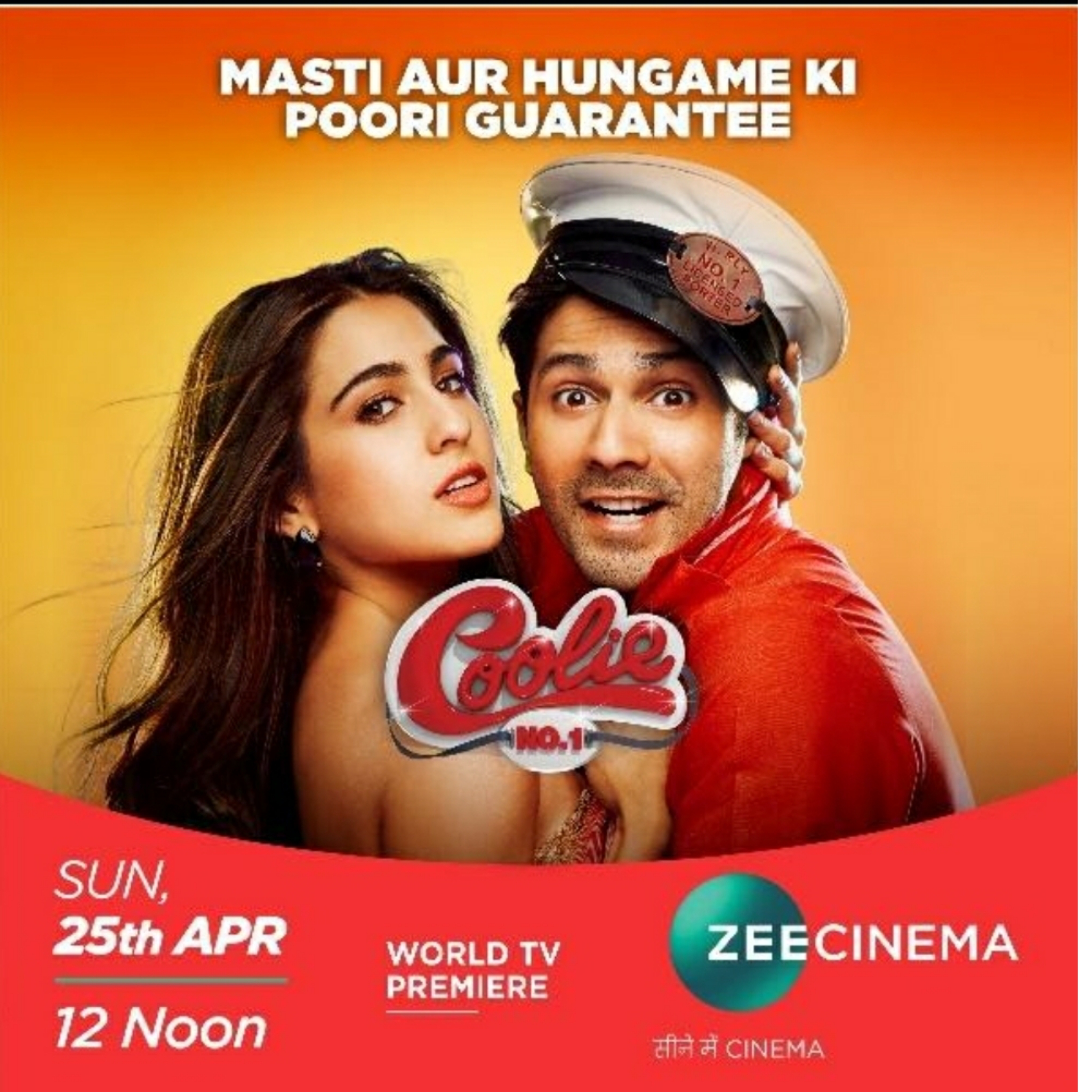 “Masti aur hungame ki poori guarantee” with the World Television Premiere of Coolie No.1 on Zee Cinema