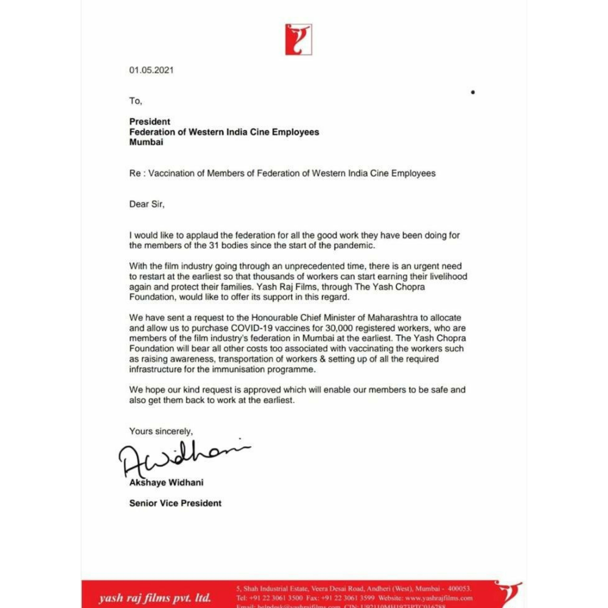 Yash Raj Films offers to sponsor vaccines for 30,000 FWICE workers