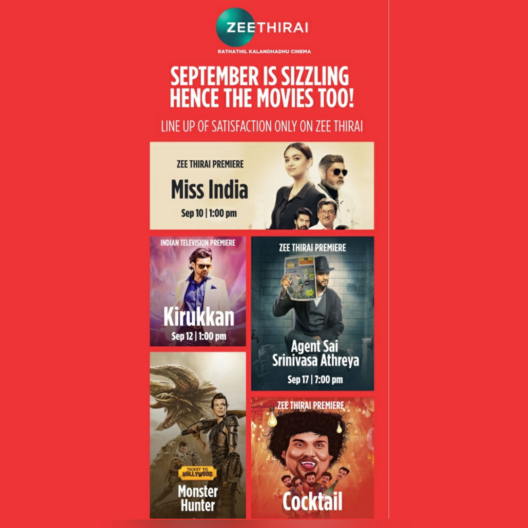 Local and global films to air on Zee Thirai in September
