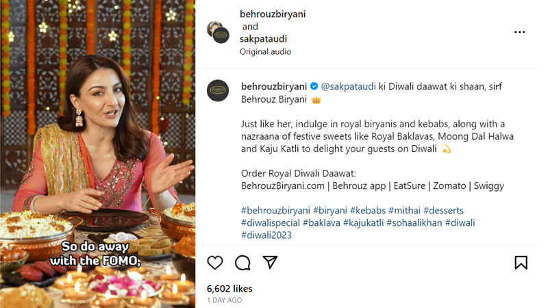 Soha Ali Khan puts an end to festive FOMO with a luxurious Behrouz Biryani feast