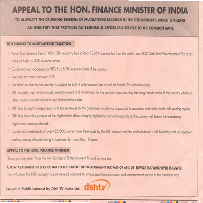 Dish TV’s appeal to the Finance Minister