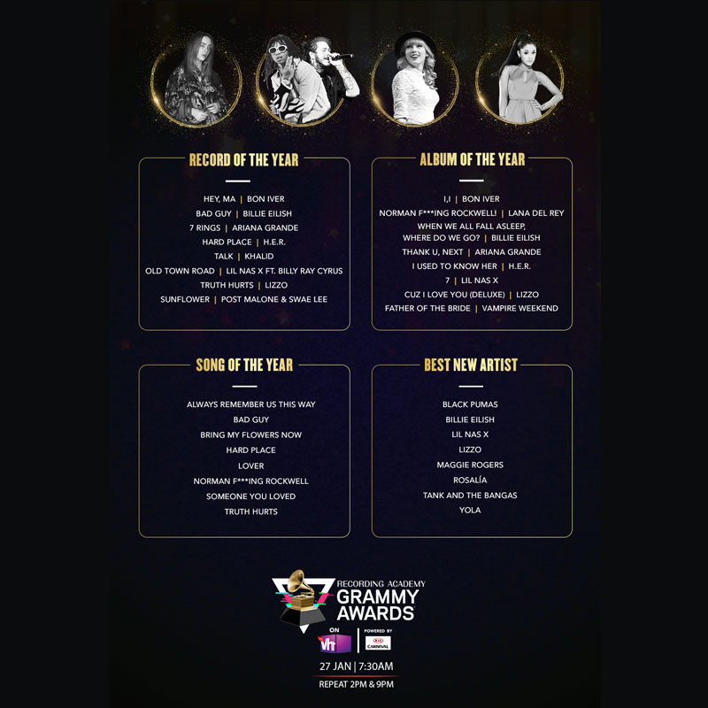 Beyoncé, Ariana Grande, Billie Eilish, Lizzo and many more global music icons vie for the coveted golden gramophone at the 62ndGRAMMY Awards, airing exclusively on Vh1 India